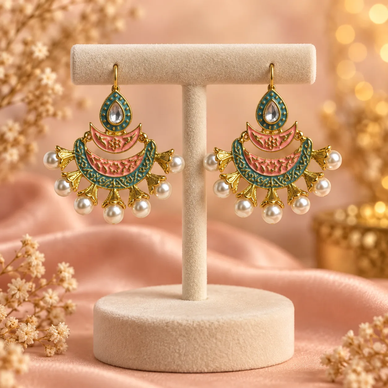 Enamel Pearl Chandelier Earrings