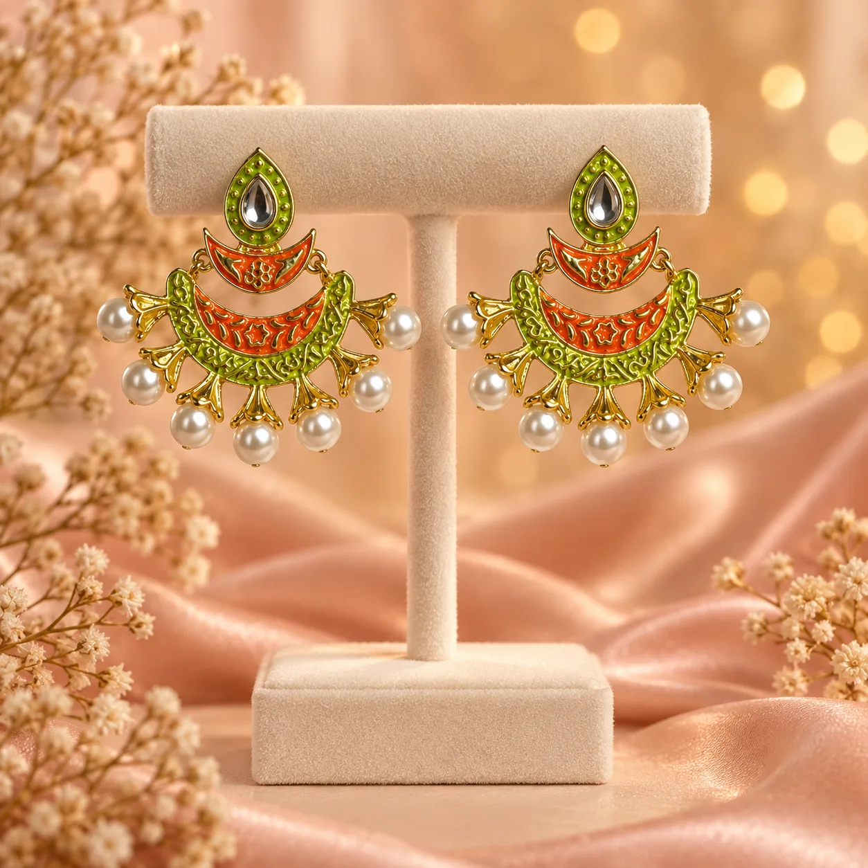 Enamel Pearl Chandelier Earrings Colour option 3