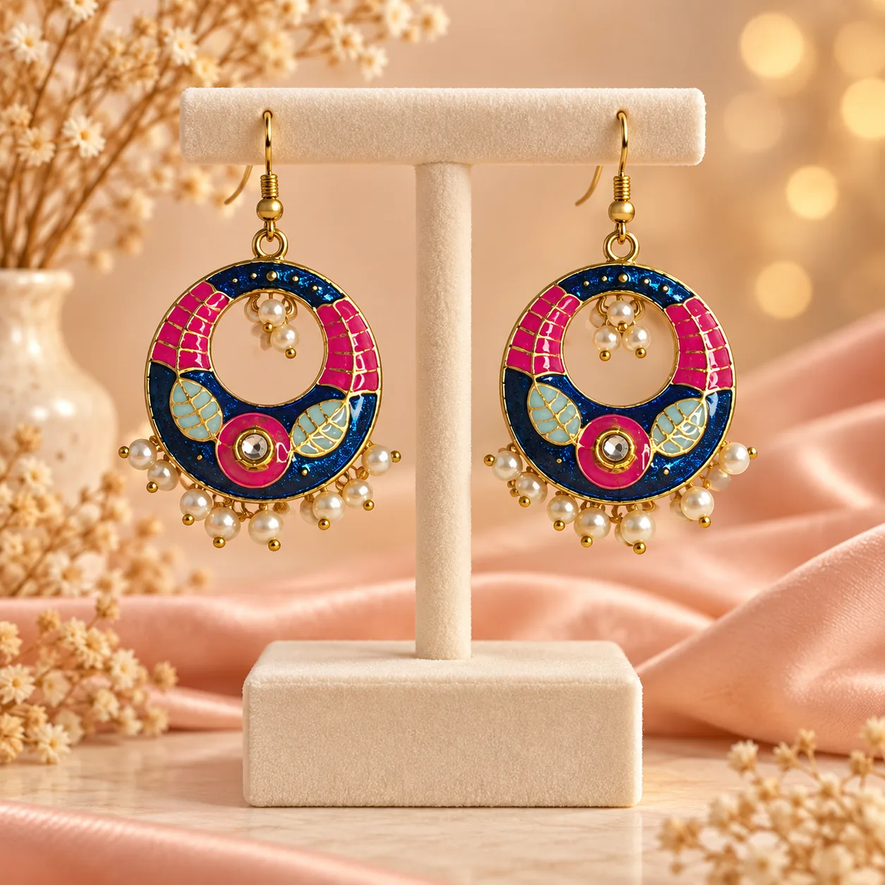 Enamel Pearl Hoop Earrings Colour option 3