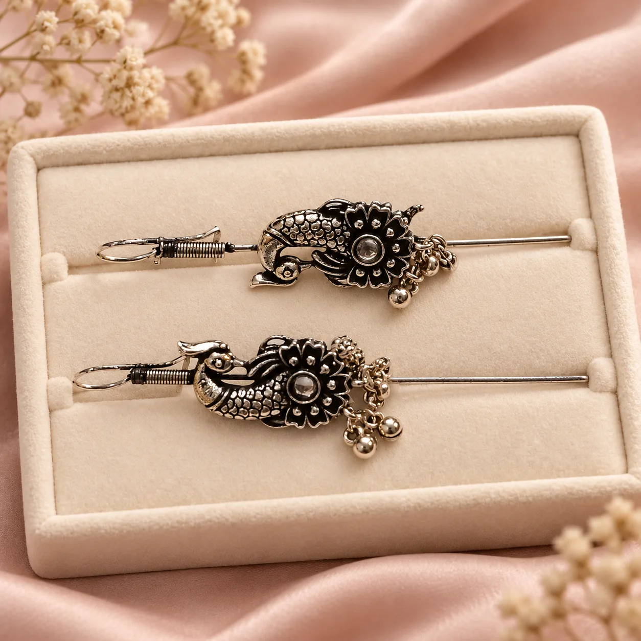 Oxidised Bird Floral Earrings