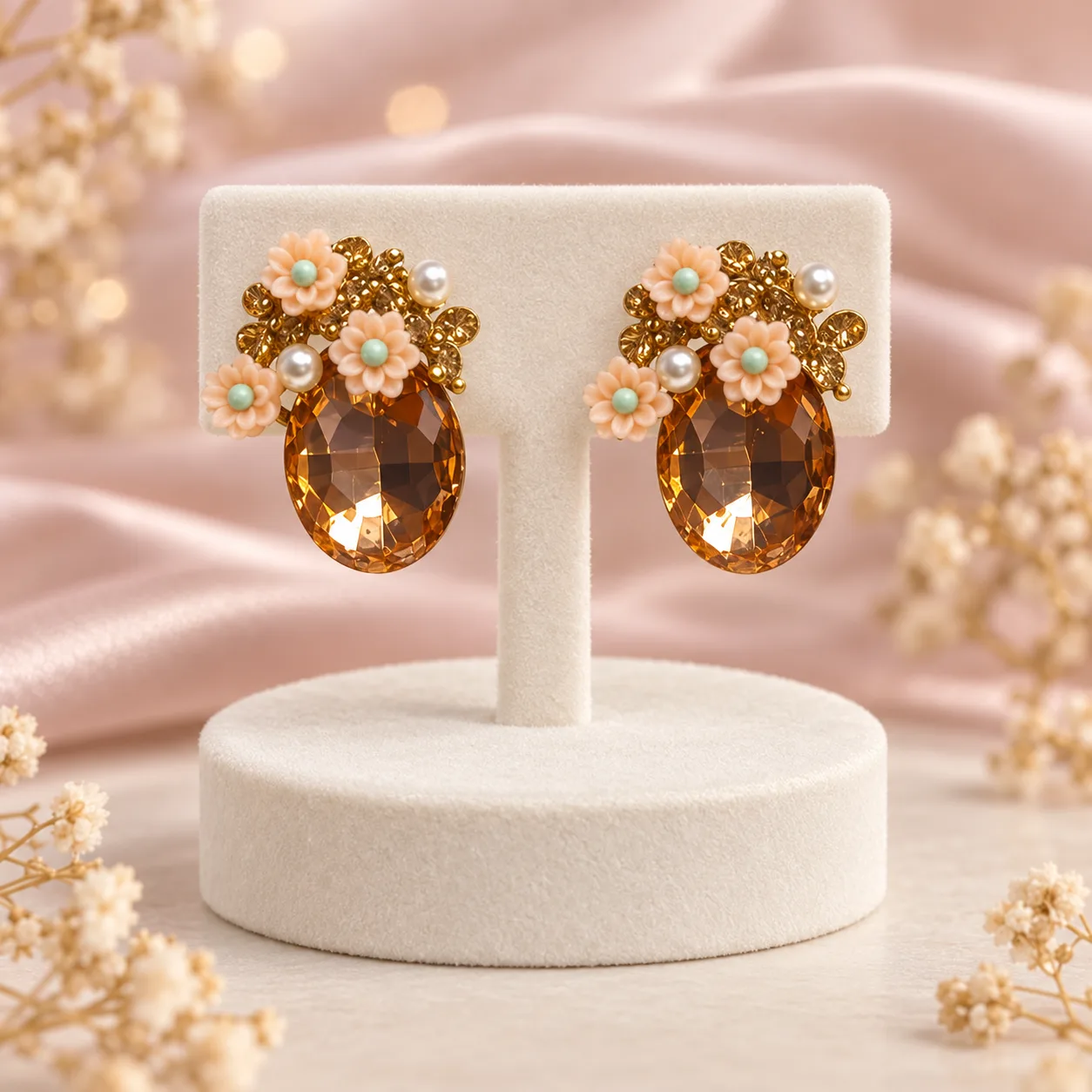 Floral Amber Oval Earrings