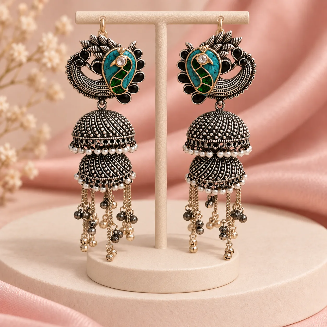 Peacock Double Jhumka Earrings
